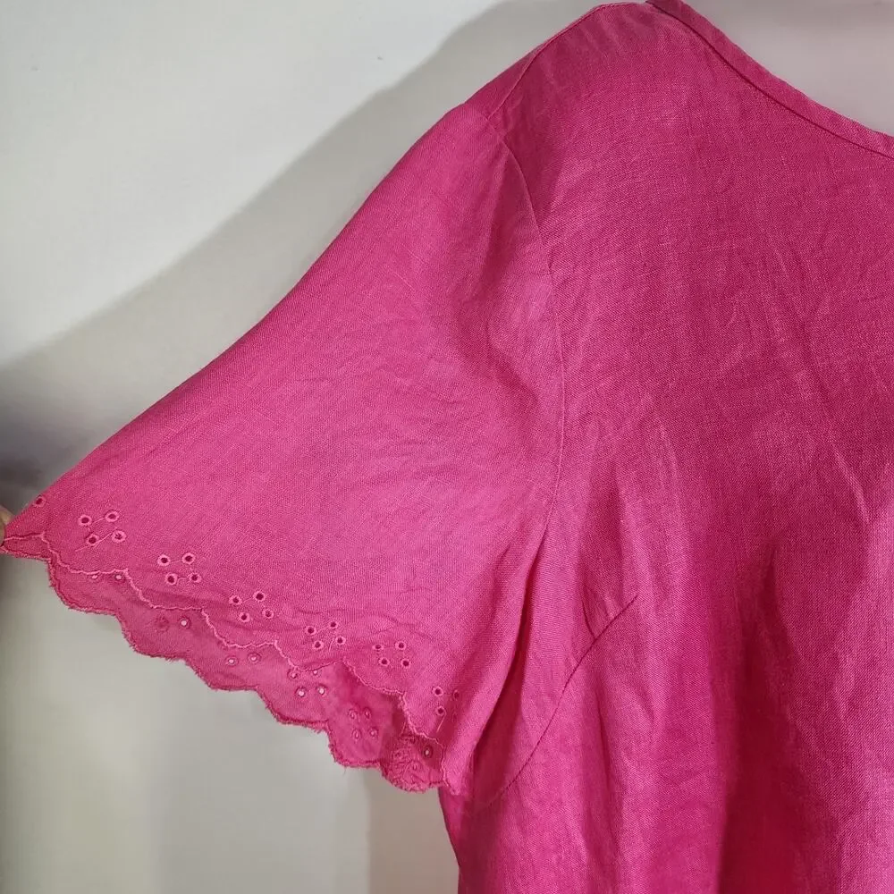 J Crew Womens Top Size 14 Linen Short Sleeve Tulip Back Scalloped Eyelet Pink